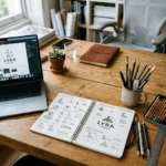 Sketchbook with LYRA Apparel logo concepts and laptop displaying digital logo design