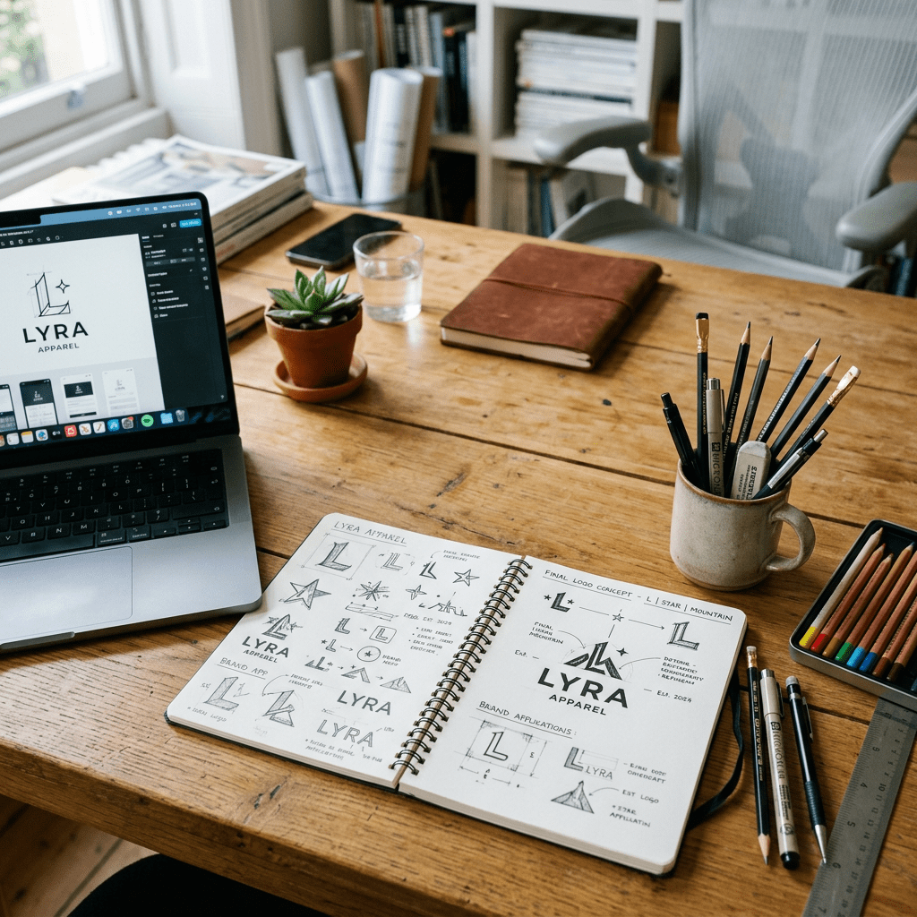 Sketchbook with LYRA Apparel logo concepts and laptop displaying digital logo design