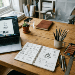Sketchbook with LYRA Apparel logo concepts and laptop displaying digital logo design
