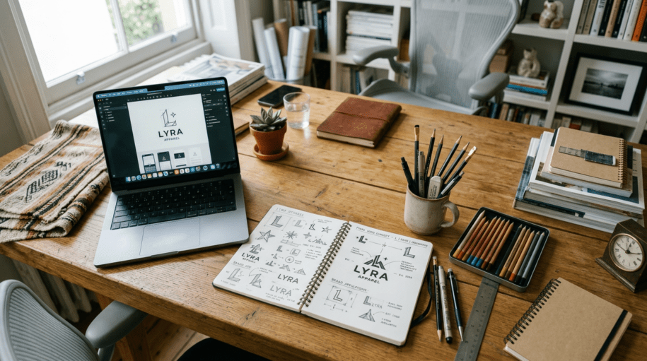Sketchbook with LYRA Apparel logo concepts and laptop displaying digital logo design